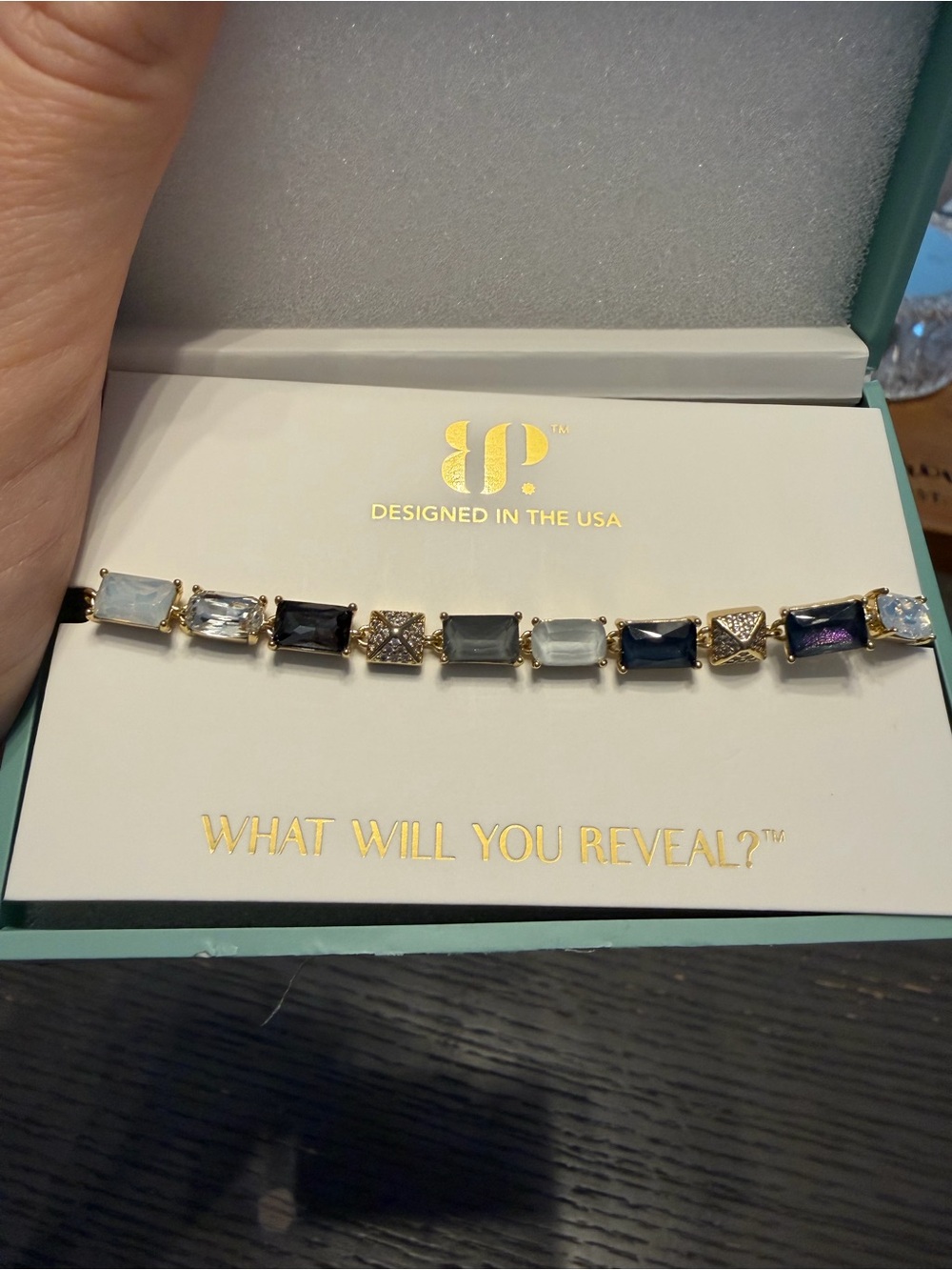 BP Gold-Tone Multistone Bracelet — Assorted Blue & Gray Gems
